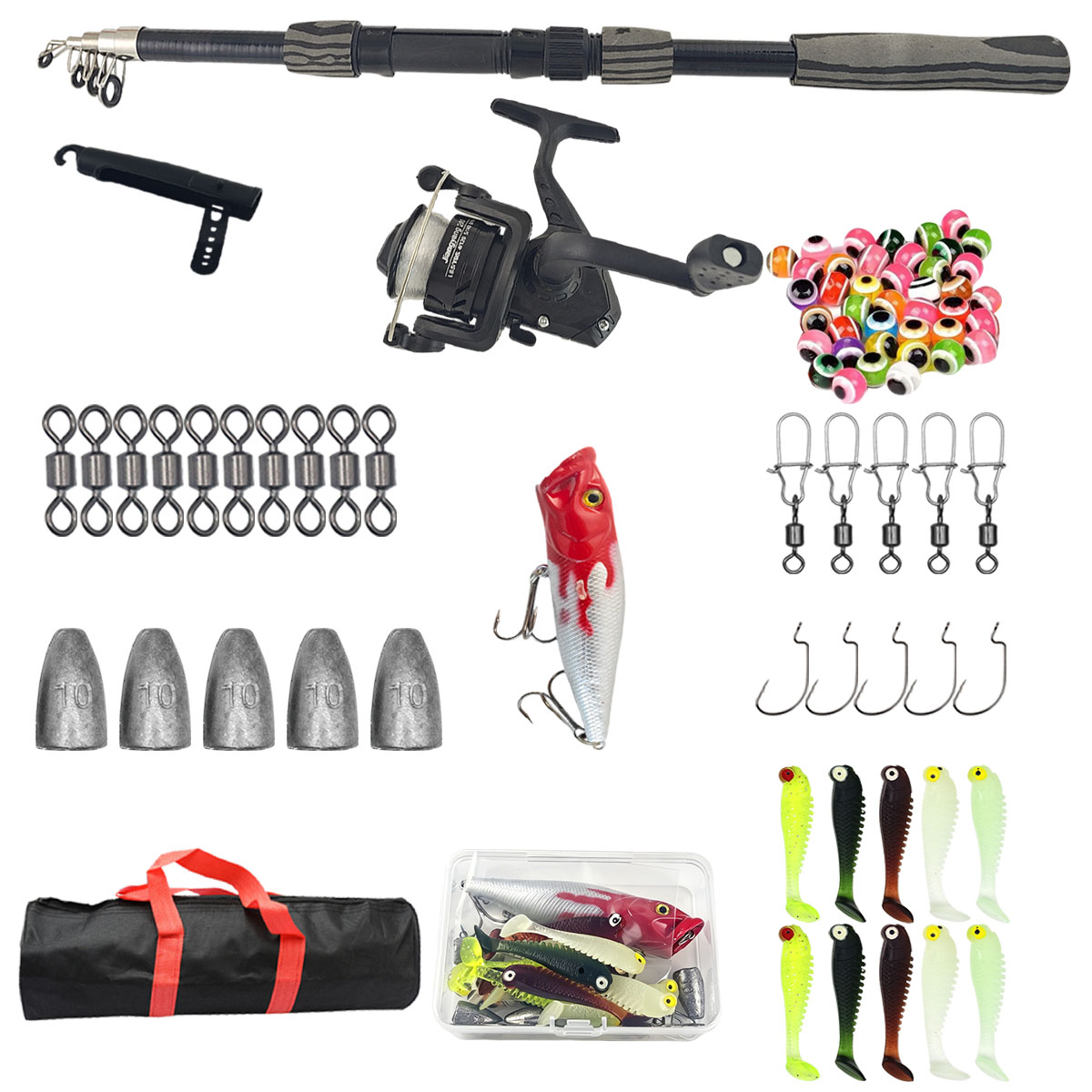 Fishing Rod Combo - 携帯用伸縮式釣り竿キット 1.8m 3層構造のグラスファイバー製 スピニングリール付き 旅行用釣りセット 釣り道具箱